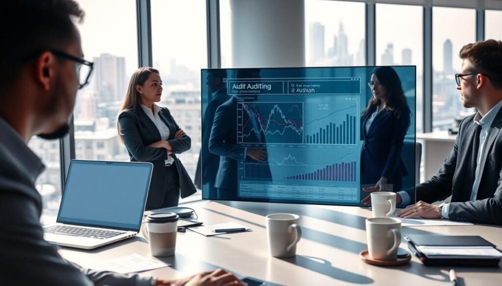 A futuristic office environment focused on data auditing. In the foreground, a diverse group of professionals in business attire intently analyzing a digital audit trail on a large touchscreen display, showcasing intricate graphs and data points. The middle ground features sleek desks with computers, papers, and coffee mugs, symbolizing a vibrant workplace. In the background, large windows allowing natural light to spill in, casting soft shadows, while a city skyline is barely visible, hinting at a bustling business hub. The mood is one of concentration and professionalism, with cool color tones inviting a sense of trust and efficiency. The scene is well-lit, emphasizing the importance of data integrity and thorough analysis. A futuristic office environment focused on data auditing. In the foreground, a diverse group of professionals in business attire intently analyzing a digital audit trail on a large touchscreen display, showcasing intricate graphs and data points. The middle ground features sleek desks with computers, papers, and coffee mugs, symbolizing a vibrant workplace. In the background, large windows allowing natural light to spill in, casting soft shadows, while a city skyline is barely visible, hinting at a bustling business hub. The mood is one of concentration and professionalism, with cool color tones inviting a sense of trust and efficiency. The scene is well-lit, emphasizing the importance of data integrity and thorough analysis.