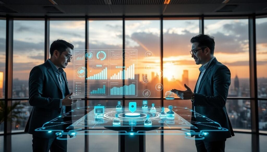 A futuristic office environment showcasing a "visual agent manager" concept. In the foreground, a diverse team of three professionals, dressed in sleek business attire, collaborate around a holographic display featuring complex data visuals and interactive graphs. In the middle ground, a high-tech interface with floating icons representing various visual agents is actively engaging with the users, illuminated by cool blue and green LED lights. The background features large windows with a panoramic view of a city skyline, bathed in warm sunset lighting, casting a soft glow across the room. The atmosphere is one of innovation and collaboration, highlighting the dynamic potential of visual agent management in a cutting-edge workspace.