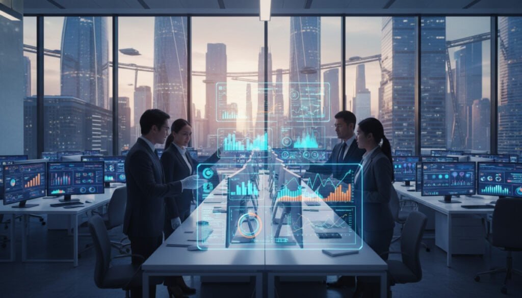 A futuristic office environment showcasing advanced data strategy analytics. In the foreground, a diverse group of professionals in business attire interactively analyzing holographic data visualizations, highlighting metrics and trends. The middle ground features sleek, modern workstations equipped with multiple screens displaying colorful graphs and analytics tools. The background reveals a panoramic view of a city skyline through large glass windows, illuminated by soft, ambient lighting that creates a productive yet innovative atmosphere. The scene is captured using a wide-angle lens to emphasize depth, with a focus on the vibrant colors of the digital displays. The overall mood is optimistic and forward-thinking, reflecting the importance of future-proofing data strategies in an evolving analytics landscape. A futuristic office environment showcasing advanced data strategy analytics. In the foreground, a diverse group of professionals in business attire interactively analyzing holographic data visualizations, highlighting metrics and trends. The middle ground features sleek, modern workstations equipped with multiple screens displaying colorful graphs and analytics tools. The background reveals a panoramic view of a city skyline through large glass windows, illuminated by soft, ambient lighting that creates a productive yet innovative atmosphere. The scene is captured using a wide-angle lens to emphasize depth, with a focus on the vibrant colors of the digital displays. The overall mood is optimistic and forward-thinking, reflecting the importance of future-proofing data strategies in an evolving analytics landscape.