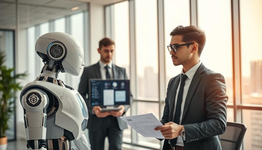 A futuristic office environment showcasing two distinct types of agents in action. In the foreground, an AI agent represented as a sleek humanoid robot, exhibiting advanced digital interfaces, engages in a collaborative task with a human professional dressed in smart business attire. The middle layer features a rule-based bot depicted as a traditional desktop computer surrounded by paperwork, symbolizing process-oriented tasks. The background showcases a modern office skyline with large windows, natural light streaming in, highlighting the contrast between traditional and AI-enhanced work. The atmosphere is dynamic yet professional, illustrating the synergy between human intelligence and robotic assistance in improving efficiency, with sharp focus and soft gradient lighting to enhance the futuristic feel.