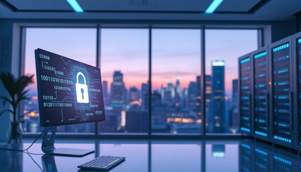 A futuristic office environment with a focus on data security. In the foreground, a sleek computer with a digital lock icon glowing on the screen, symbolizing cybersecurity. The middle ground features abstract representations of data flow—binary code and secure server racks, creating a sense of technology and connectivity. In the background, a large window reveals a cityscape at twilight, illuminated by soft blue and purple lighting, adding a modern feel. The atmosphere is calm yet vigilant, emphasizing privacy and protection. Use a wide-angle lens to capture the depth of the scene, with soft, diffused lighting to enhance the mood of security and professionalism. No text or people in the image, focusing solely on the elements of data security.