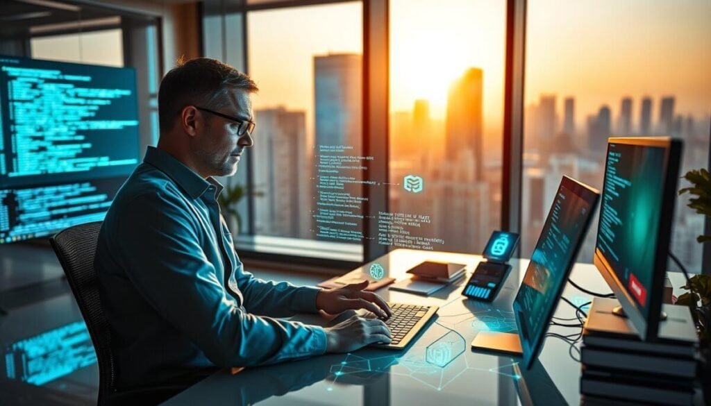 A futuristic office scene portraying a professional software developer focused on executing code generation. In the foreground, a middle-aged man in smart casual clothing is sitting at a sleek modern desk, intensely analyzing code displayed on multiple holographic screens that emanate bright blue and green light. The middle ground features a high-tech workspace filled with advanced technology, including an AI assistant interface projecting 3D code snippets into the air. The background showcases a city skyline through a large window, bathed in warm golden hour sunlight that casts dramatic shadows. The atmosphere is one of productivity and innovation, highlighting the synergy between human and artificial intelligence in the coding process. The overall mood is dynamic and inspiring, presenting a vision of the future of software development. A futuristic office scene portraying a professional software developer focused on executing code generation. In the foreground, a middle-aged man in smart casual clothing is sitting at a sleek modern desk, intensely analyzing code displayed on multiple holographic screens that emanate bright blue and green light. The middle ground features a high-tech workspace filled with advanced technology, including an AI assistant interface projecting 3D code snippets into the air. The background showcases a city skyline through a large window, bathed in warm golden hour sunlight that casts dramatic shadows. The atmosphere is one of productivity and innovation, highlighting the synergy between human and artificial intelligence in the coding process. The overall mood is dynamic and inspiring, presenting a vision of the future of software development.