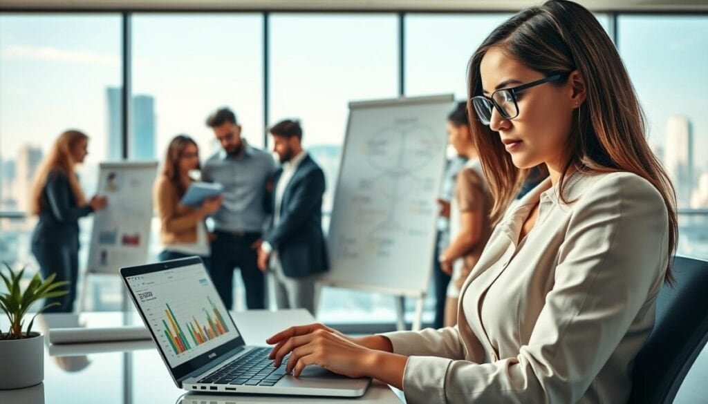 A futuristic office setting featuring a diverse group of professionals engaged in keyword research and competitor analysis. In the foreground, a focused businesswoman, dressed in professional attire, analyzes data on a sleek laptop, with colorful charts and graphs displayed on the screen. In the middle ground, a diverse team collaborates around a whiteboard filled with brainstorming notes and a mind map of effective SEO strategies. The background displays a large window with a view of a city skyline, allowing natural light to flood the scene, creating an inspiring atmosphere. The lighting is bright and clear, and the angle is slightly elevated, capturing the dynamic energy of teamwork in a modern workspace. The overall mood is productive and innovative. A futuristic office setting featuring a diverse group of professionals engaged in keyword research and competitor analysis. In the foreground, a focused businesswoman, dressed in professional attire, analyzes data on a sleek laptop, with colorful charts and graphs displayed on the screen. In the middle ground, a diverse team collaborates around a whiteboard filled with brainstorming notes and a mind map of effective SEO strategies. The background displays a large window with a view of a city skyline, allowing natural light to flood the scene, creating an inspiring atmosphere. The lighting is bright and clear, and the angle is slightly elevated, capturing the dynamic energy of teamwork in a modern workspace. The overall mood is productive and innovative.