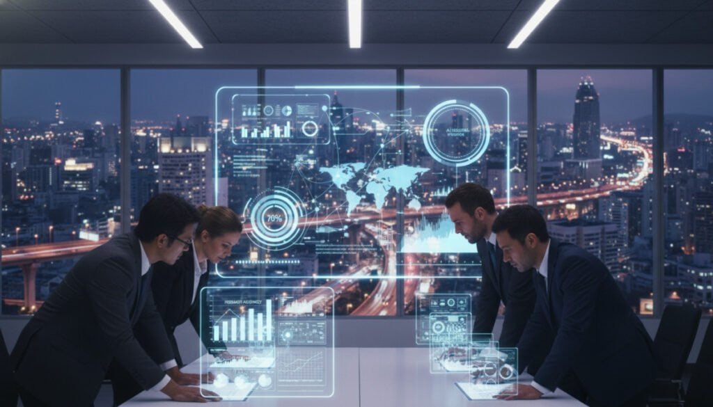 A futuristic office setting showcasing advanced inventory forecasting technology. In the foreground, a diverse group of professionals in business attire focus on analyzing data displayed on sleek digital screens, with graphs and analytics illustrating demand accuracy. In the middle, a large high-tech dashboard glows with dynamic charts and AI-driven insights, symbolizing machine learning algorithms at work. The background features a window view of a bustling city skyline, hinting at the retail and eCommerce landscape. Soft, ambient lighting creates a sense of innovation and urgency, while a slightly blurred effect adds depth. The overall mood is one of collaboration and forward-thinking precision in demand forecasting, emphasizing the role of AI and accuracy in modern business.