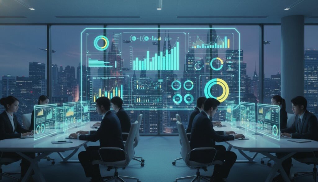 A futuristic office setting with sleek, modern workstations arranged in the foreground, showcasing professionals in business attire focused on their computers. In the middle ground, a large digital display screen shows various network optimization metrics and analytics, represented through vibrant graphs and charts. The background features a window overlooking a city skyline, hinting at a high-tech environment. Soft blue and green lighting creates a calm and focused atmosphere, reflecting the theme of connection and efficiency. A close-up view, shot from a slightly elevated angle, adds depth and engagement to the scene, emphasizing the importance of optimizing network connections in a professional context.