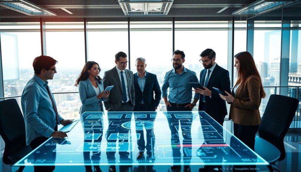 A futuristic office space filled with advanced technology and seamless integration of artificial intelligence. In the foreground, a diverse group of four professionals dressed in smart attire are engaged in a collaborative discussion around a holographic display showcasing a complex flowchart representing feature parity and agentic capabilities. The middle layer highlights various digital devices, such as tablets and laptops, highlighting real-time data analysis and code comparison. In the background, large windows reveal a vibrant cityscape under a bright, clear sky, bathing the scene in natural light. Use a soft-focus effect for the background, allowing the forefront interaction to stand out, creating an atmosphere of innovation and teamwork. The overall mood is dynamic, forward-looking, and collaborative, emphasizing the concept of synergy between human expertise and advanced technology.