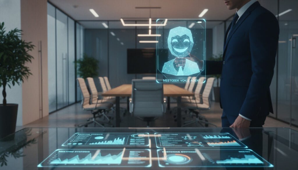 A futuristic, sleek office environment featuring the "MeetGeek voice agent" as a central element. The foreground displays a high-tech, visually engaging digital interface showcasing real-time analytics and meeting summaries, rendered in vibrant colors. In the middle ground, a professional-looking person wearing business attire interacts with a holographic projection of the MeetGeek voice agent, which takes the form of an abstract, polished avatar with a friendly expression. The background reveals a modern conference room with glass walls, warm lighting, and plants that enhance the business ambiance. The scene is illuminated with soft, ambient lighting to create a productive and inviting atmosphere, captured from a slightly elevated angle to emphasize the interaction and advanced technology.