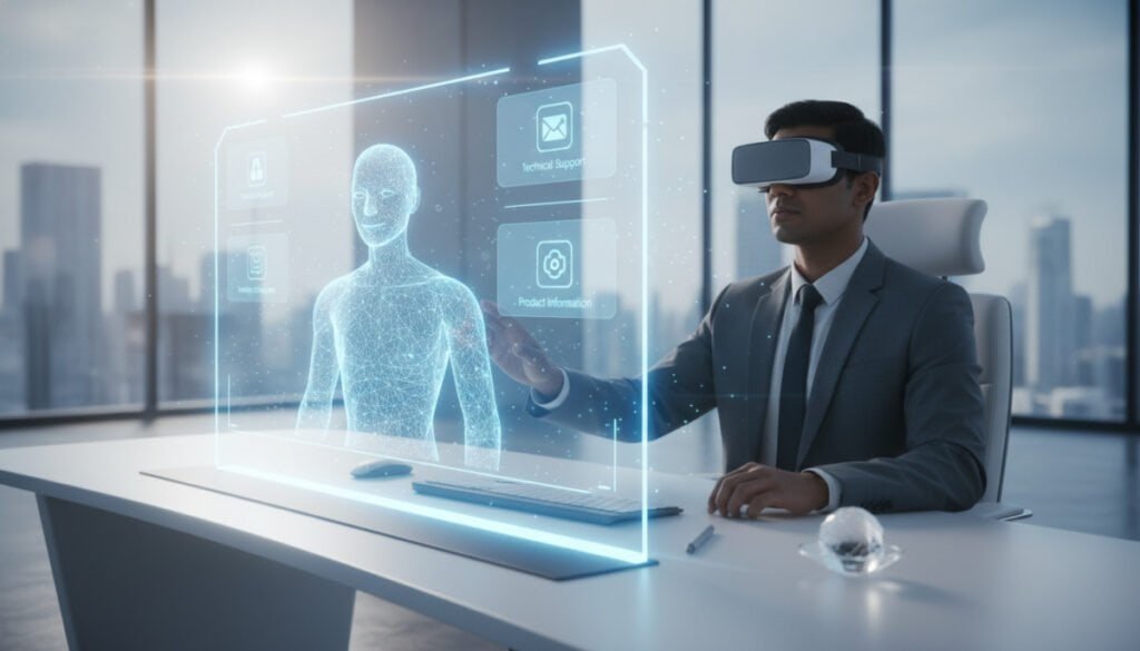 A futuristic, virtual representation of a Meta AI support assistant interacting with a user. In the foreground, showcase a sleek, holographic interface displaying various support options, with a friendly AI avatar resembling a transparent, glowing humanoid figure. The middle layer features a diverse user, dressed in professional business attire, engaging with the AI while sitting at a high-tech desk with modern gadgets. The background reveals a bright, minimalist office environment with large windows, allowing natural light to flood in, highlighting the assistive technology. The mood is optimistic, conveying a sense of innovation and efficiency, with soft blue and white lighting to enhance a high-tech atmosphere. The perspective is slightly elevated, focusing on the interaction between the user and the AI assistant.