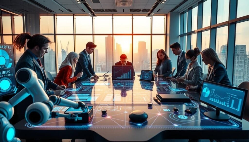 A futuristic workspace bustling with innovation and automation, showcasing a diverse team of professionals in business attire collaborating around a sleek, high-tech table embedded with digital screens displaying data and automation tools. In the foreground, dynamic visuals of robotic arms and smart devices illustrate the concept of scaling feature development. The middle ground features large monitors projecting graphs and analytics, with glowing connections symbolizing integration and efficiency. The background displays a modern office skyline through expansive windows, illuminated by soft, ambient lighting that creates a focused yet inspiring atmosphere. Use a wide-angle lens to capture the energy of the space, conveying a sense of growth and forward-thinking.