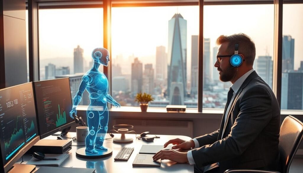 A futuristic workspace featuring "Claude" personified as a friendly AI assistant in a sleek digital form, composed of radiant light and holographic interfaces. In the foreground, a professional individual in business attire interacts with Claude, showcasing a sense of collaboration. The middle ground includes a modern workstation filled with high-tech gadgets, vibrant data visualizations, and colorful graphs that represent insights and growth. In the background, a large window reveals a bustling city skyline, bathed in warm golden sunlight, creating an optimistic atmosphere. The mood is energetic yet focused, with side lighting highlighting the dynamic interaction. The composition encourages a feel of innovation and progress, capturing the essence of AI evolution and its impact on productivity.