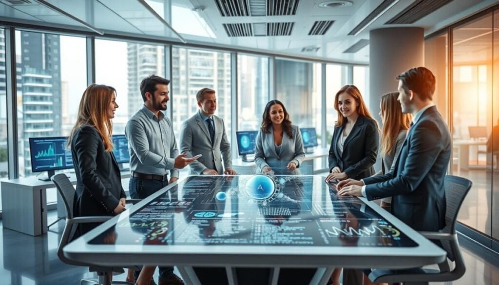 A futuristic workspace featuring a diverse team of professionals focused on overcoming edit accuracy challenges using AI. In the foreground, a diverse group of four people—two men and two women—are engaged in a discussion around a sleek, modern table with holographic displays showcasing AI models and code snippets. They are dressed in professional business attire, conveying a sense of collaboration and innovation. The middle ground highlights computer screens with intricate graphs and code, while the background reveals a high-tech office environment, complete with large windows allowing natural light to flood the room. The atmosphere is dynamic and energetic, symbolizing teamwork and technological advancement in AI. Use soft, diffused lighting to keep the mood optimistic and forward-looking. A futuristic workspace featuring a diverse team of professionals focused on overcoming edit accuracy challenges using AI. In the foreground, a diverse group of four people—two men and two women—are engaged in a discussion around a sleek, modern table with holographic displays showcasing AI models and code snippets. They are dressed in professional business attire, conveying a sense of collaboration and innovation. The middle ground highlights computer screens with intricate graphs and code, while the background reveals a high-tech office environment, complete with large windows allowing natural light to flood the room. The atmosphere is dynamic and energetic, symbolizing teamwork and technological advancement in AI. Use soft, diffused lighting to keep the mood optimistic and forward-looking.