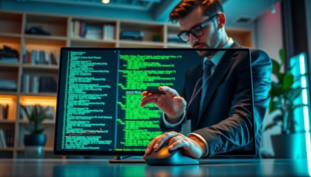 A futuristic workspace featuring an elegant open-source code interface displayed on a sleek computer screen in the foreground. The monitor is glowing with vibrant green lines of code, surrounded by colorful visualizations and graphs representing data and algorithms. In the middle, a person in professional business attire is thoughtfully examining the code, with their hand poised on a modern mouse that highlights an intuitive cursor alternative. The background is a modern office setting with soft ambient lighting, featuring shelves filled with technology books and a potted plant for a touch of nature. The mood is focused and innovative, evoking a sense of exploration into the flexibility of open-source technology. A shallow depth of field adds a professional touch, keeping the subject sharp while gently blurring the background elements.