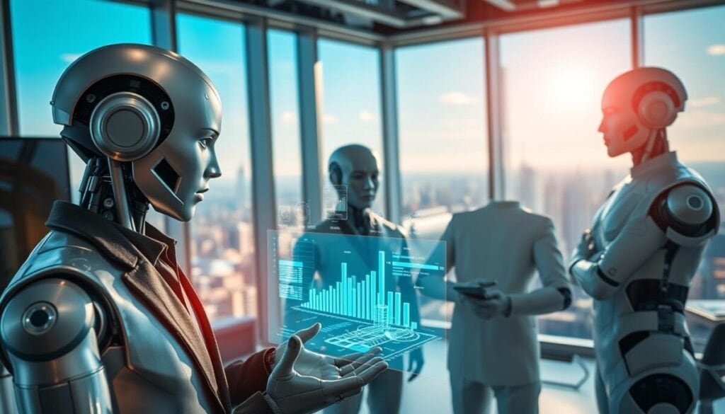 A futuristic workspace featuring specialized AI personas, depicted as humanoid figures with distinct characteristics that represent various fields of expertise—technology, art, finance, and healthcare. In the foreground, an AI persona with sleek silver skin, wearing business attire, interacts with a holographic interface, displaying data and visuals. In the middle ground, two AI personas collaborate, one gesturing toward floating 3D charts while the other analyzes a digital blueprint. The background showcases a high-tech office filled with vibrant light from large windows, with a panoramic cityscape visible, under a clear blue sky. The atmosphere is innovative and dynamic, with soft, focused lighting highlighting the personas’ facial expressions, creating a sense of collaboration and intelligence.