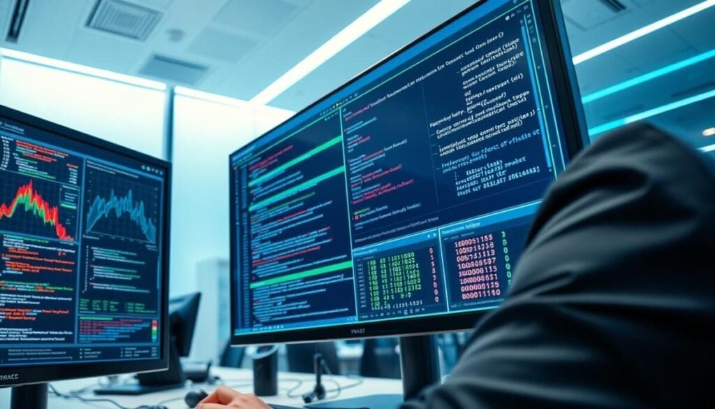 A high-tech binary analysis workspace featuring multiple computer screens displaying colorful graphs, code snippets, and binary data. In the foreground, a focused cybersecurity analyst in business attire examines intricate algorithms on a large monitor. The middle layer shows a digital interface with highlighted sections of code, flowing data streams, and graphical representations of binary patterns. The background features a sleek, modern office environment with soft blue and white lighting, enhancing the serious yet innovative atmosphere. The angle is slightly elevated, offering a dynamic perspective that emphasizes the analyst's engagement with the data. The mood is one of concentration and technological advancement, reflecting real-world applications of binary analysis in cybersecurity.