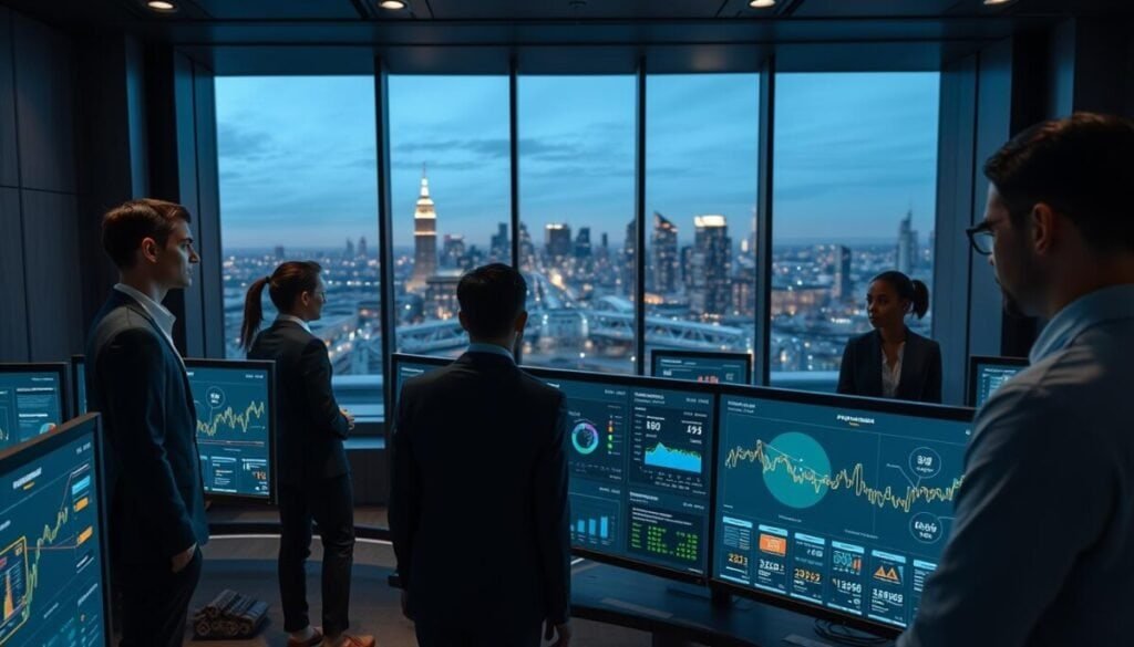 A high-tech control room focused on pipeline monitoring, set in a sleek, modern environment. In the foreground, a diverse team of professionals in smart business attire intensely analyzing data on multiple large screens that display real-time pipeline metrics, graphs, and alerts. In the middle ground, a digital dashboard featuring clear visualizations of status indicators, alerts for failures, and locations of pipelines. The background showcases a large window with a cityscape, illuminated by a soft twilight glow. Utilize dramatic lighting to create a sense of urgency and precision, emphasizing the importance of automation and failure detection in a collaborative corporate atmosphere. The overall mood should convey efficiency, teamwork, and cutting-edge technology in action.