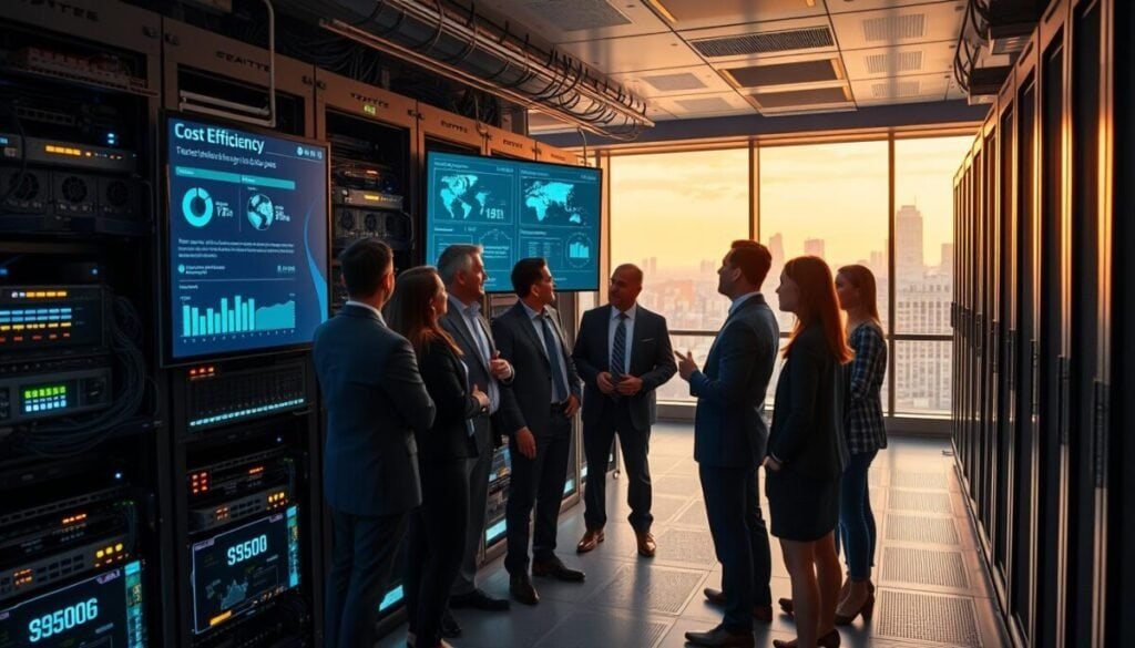 A high-tech data center with advanced routing equipment showcasing intricate circuit boards and glowing fiber optic cables. In the foreground, a diverse group of professionals in smart business attire is engaged in a discussion, pointing at a large digital screen displaying cost efficiency metrics and dynamic network diagrams. The middle ground features sleek server racks with LED lights illuminating their modern design, highlighting the efficiency of the routing layers. In the background, a panoramic window reveals a city skyline under a warm afternoon light. The overall mood is focused and innovative, emphasizing the collaborative spirit of leveraging technology for cost-effective solutions. Shot with a wide-angle lens to capture the depth of the scene, with soft lighting creating a professional atmosphere.