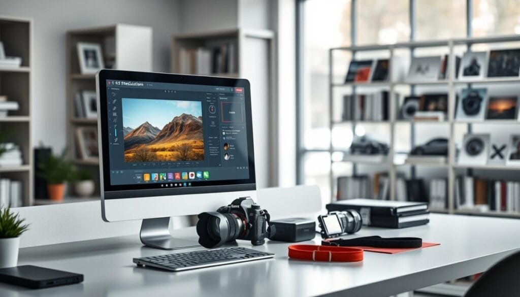 A high-tech digital workspace setting emphasizing image resolution and editing techniques. In the foreground, a sleek computer monitor displays a vividly detailed photo with different resolution charts and guidelines, alongside professional editing software. The middle area features a modern desk with a camera, lens, and color calibration tools, conveying the technical aspect of photography and image editing. In the background, soft-focus shelves filled with photography books and prints create an inspiring atmosphere. The scene is brightly lit with soft, diffused natural light streaming in from a nearby window, enhancing the clarity and contrast of the image elements. The overall mood is focused and professional, ideal for a photography and editing context.