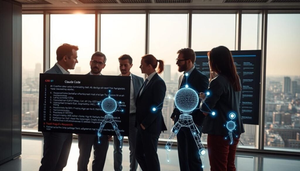 A high-tech office environment featuring a sleek, modern workspace with a digital interface displaying lines of "Claude Code." In the foreground, a diverse team of three professionals in smart business attire engaged in an intense discussion, analyzing data on a large screen that shows various metrics of AI autonomy. In the middle ground, faint outlines of virtual AI agents appear, representing layers of trust and decision-making processes, illustrated with glowing nodes and connections. The background reveals floor-to-ceiling windows with a panoramic view of a cityscape under bright, natural daylight, creating a productive and innovative atmosphere. The lighting is bright and clear, enhancing focus, while the mood feels dynamic yet trustworthy, symbolizing the collaboration between humans and AI for enhanced productivity.