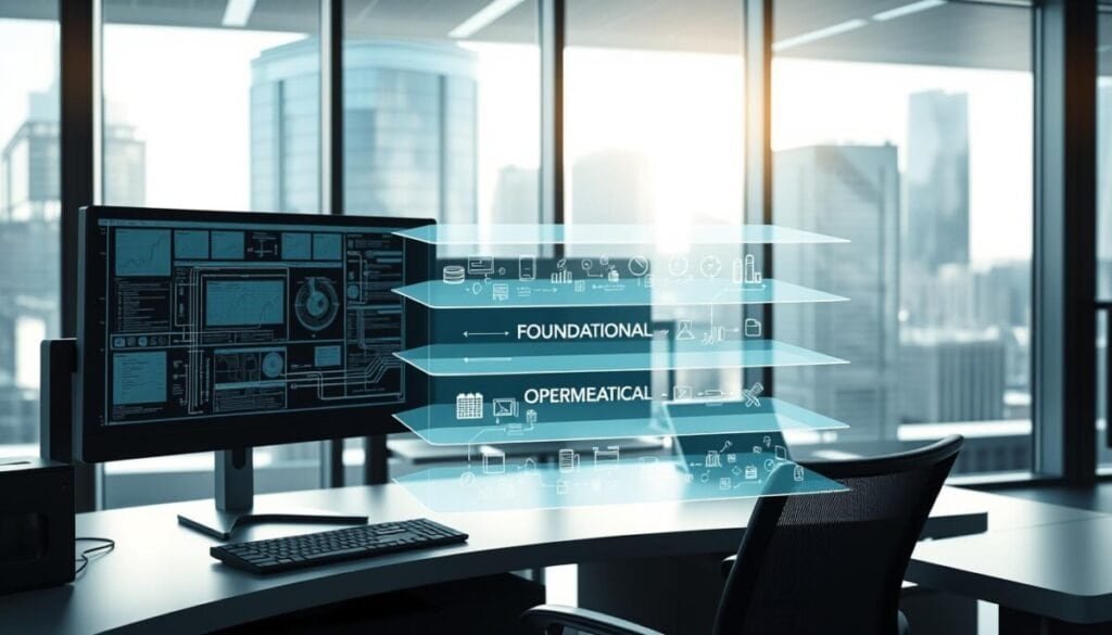 A high-tech office environment showcasing a tiered documentation architecture visualization. In the foreground, a sleek workstation with dual monitors displaying intricate flowcharts and diagrams, highlighting different layers of documentation systems. The middle ground features three transparent layers labeled 'Foundational', 'Operational', and 'Advanced', each filled with digital data streams and icons representing various documentation types. In the background, a glass wall reveals a modern cityscape with soft sunlight filtering through. The ambiance is professional and innovative, with a cool color palette of blues and greens. The lighting is bright yet soft, creating an engaging atmosphere. The scene is captured from a slightly elevated angle, emphasizing the depth of the layered architecture without any text overlays or distractions.
