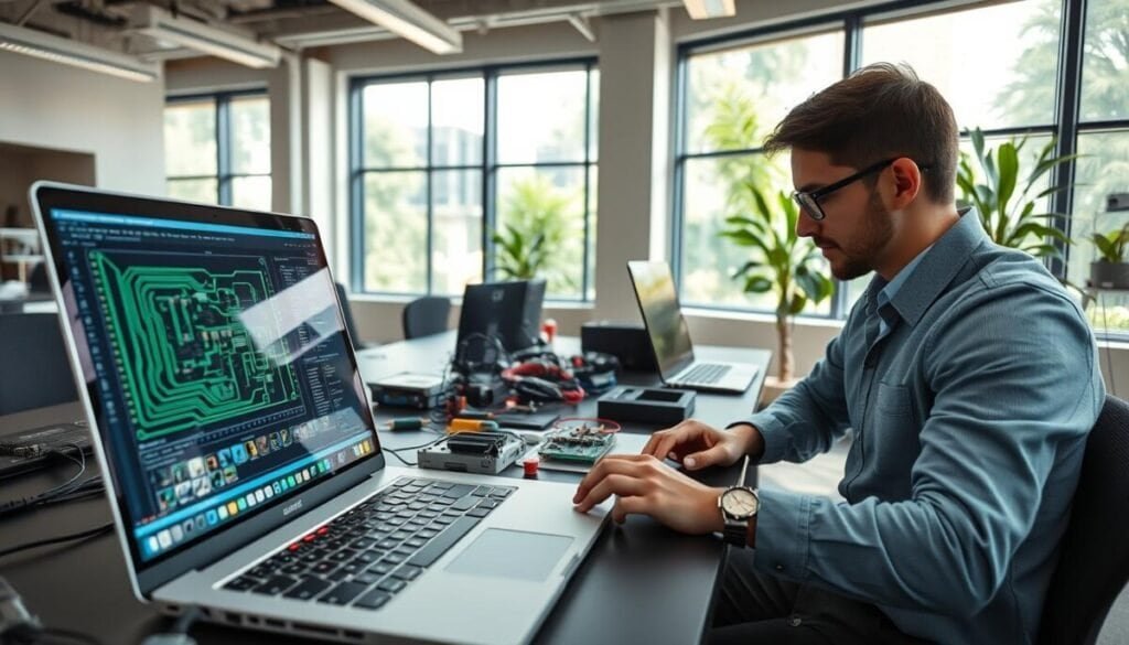 A high-tech workspace focused on automating PCB board generation using Python. In the foreground, a sleek laptop displays complex circuit design software with colorful schematics. The middle layer features a modern workbench cluttered with circuit components, tools, and a partially assembled PCB board. A programmer, dressed in smart casual attire, is intently focused on the screen, typing code with determination. The background shows large windows allowing natural light to flood in, with a hint of greenery outside, creating a balanced atmosphere of innovation and professionalism. The lighting is bright yet soft, highlighting the details on the laptop screen and the textures of the circuit boards. The angle captures both the workspace and the programmer, emphasizing collaboration and creativity in technology.
