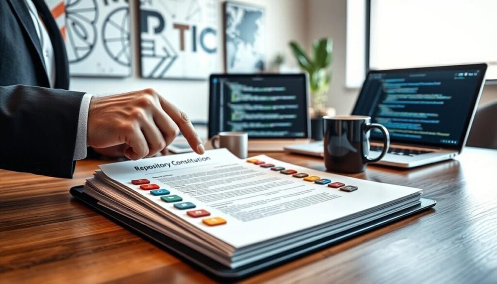 A highly detailed scene depicting a "repository constitution file" on a sleek wooden desk, with the file open to show organized, colorful tabs representing various sections. In the foreground, a pair of professional hands, dressed in smart business attire, are pointing to a specific tab, indicating a collaborative effort. The middle ground features a modern laptop displaying code snippets related to software development lifecycle (SDLC), alongside a stylish coffee mug. The background includes a wall adorned with abstract tech-related artwork and a large window allowing soft daylight to illuminate the space, creating a productive and inviting atmosphere. The lens should capture the scene from a slightly angled perspective to enhance depth, focusing on the interaction between the file and the hands. The mood is collaborative, innovative, and focused on productivity.