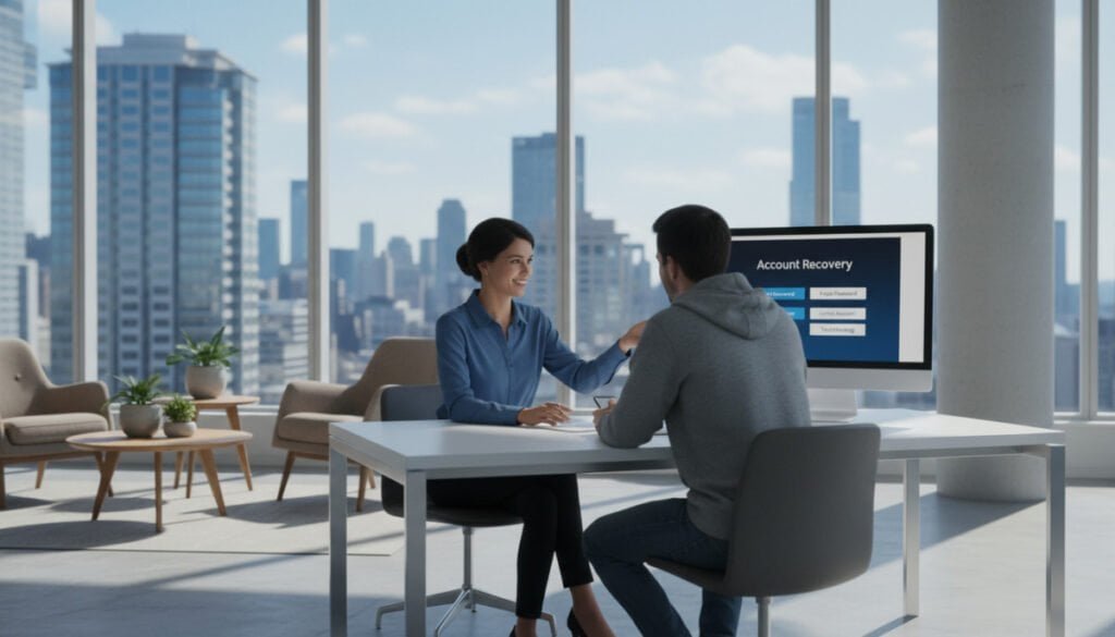 A modern Help Center desk set in a bright, spacious office environment, focusing on a professional with a warm smile, assisting a customer in casual clothing. The foreground features a sleek, white desk with a computer displaying a user-friendly interface showing account recovery options. In the middle, a comfortable seating area with contemporary furniture and potted plants, creating a welcoming atmosphere. The background displays large windows letting in natural light, revealing a cityscape outside. Soft, diffused lighting casts gentle shadows, enhancing the calm and efficient mood. The angle captures the interaction between the professional and customer, emphasizing a supportive and helpful environment.