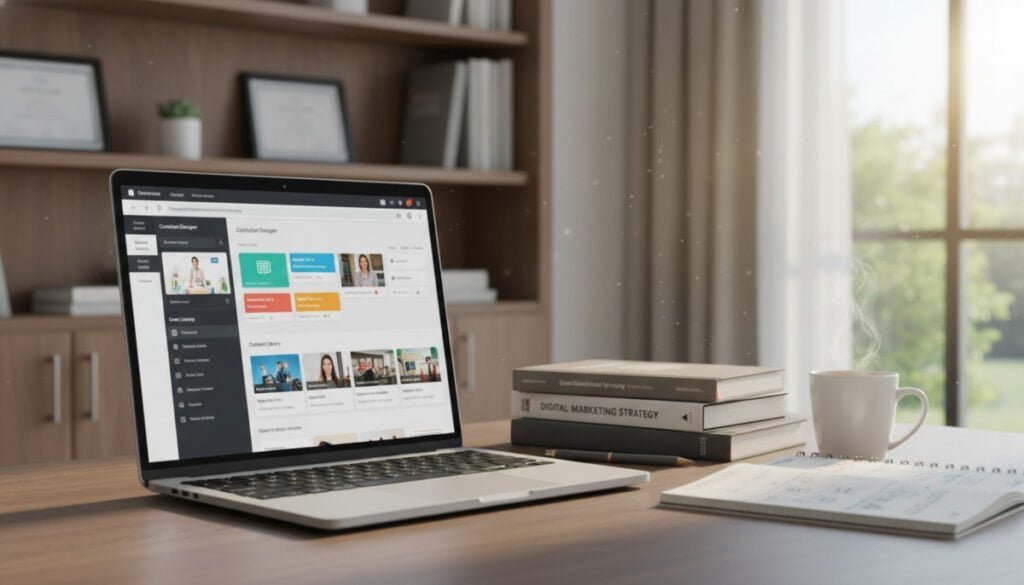 A modern and inviting online course platform interface displayed on a computer screen in a well-lit home office setting. In the foreground, a sleek laptop with an open course creation software interface featuring various modules, vibrant graphics, and engaging content thumbnails. In the middle ground, a stylish desk with business-related books, a cup of coffee, and a notepad filled with ideas, representing creative brainstorming. The background features a tasteful bookshelf with colorful course-related materials and a window allowing natural light to stream in, creating an uplifting atmosphere. The mood is professional yet approachable, emphasizing innovation and collaboration in digital education.