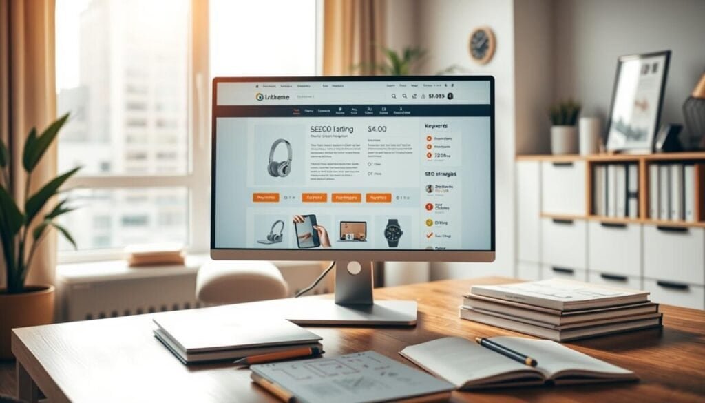 A modern and sleek e-commerce product page displayed on a high-resolution computer screen in a cozy office environment. In the foreground, focus on the screen featuring well-organized product images, concise descriptions, and highlighted SEO audit elements, such as keywords and optimization scores. The middle ground shows a stylish desk with a laptop, some digital marketing books, and a notepad with SEO strategies sketched out. In the background, a bright window lets in natural light, hinting at an inspiring urban landscape. The scene is warm and professional, evoking a sense of productivity and innovation. Use a soft focus effect on the background to emphasize the product page on the screen, captured from a slight upward angle to create depth.