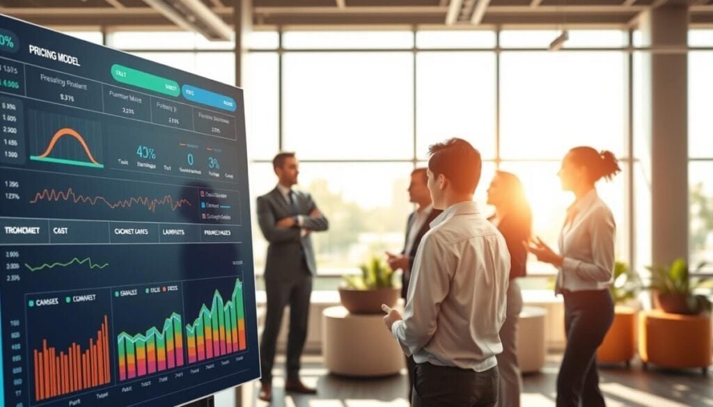 A modern and visually engaging pricing model illustration that features a sleek, digital dashboard displaying various cost tiers and billing mechanics. In the foreground, prominent charts and graphs portray pricing strategies with clear lines, vibrant colors, and intuitive icons. In the middle ground, a diverse group of professionals in business attire is gathered around a high-tech screen, discussing the pricing model animatedly, with gestures that express collaboration and engagement. The background consists of a contemporary office setting with large windows allowing natural light to flood the space, creating a bright and optimistic atmosphere. Use soft shadows and a dynamic angle to enhance focus on the pricing elements, conveying a sense of innovation and clarity in the billing process.