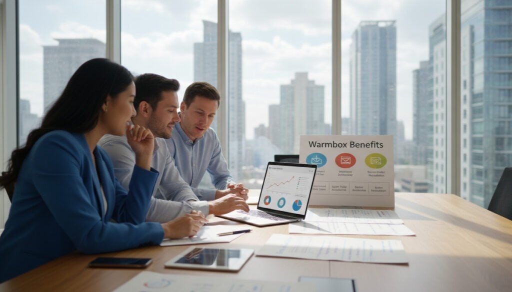 A modern business setting depicting a team collaborating on a laptop in a well-lit office environment. In the foreground, a diverse group of three professionals, a woman in a smart blazer, a man in a casual button-up shirt, and another individual in professional attire, intensely discuss email warmup strategies. They are surrounded by documents and digital devices, with charts and graphs showing email metrics visible on their screens. In the middle, a sleek wooden conference table displays warmup strategy notes and a colorful infographic on the benefits of Warmbox. In the background, large windows reveal a cityscape, with soft natural light flooding the room, casting cheerful shadows. The mood is focused and optimistic, conveying productivity and collaboration in outreach efforts.