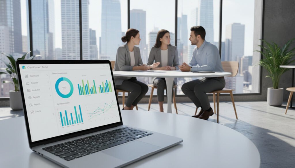 A modern client portal interface displayed on a sleek laptop in the foreground, featuring user-friendly navigation with vibrant charts and graphs. The middle ground showcases a stylish office setting with a diverse group of professionals in smart business attire collaborating over the portal, engaged in discussion. The background reveals a large window with a city skyline, allowing natural light to flood the room, creating an open, inviting atmosphere. The color palette is bright and professional, focusing on blues and greens to convey trust and efficiency. The overall mood is energetic and conducive to teamwork, capturing the essence of agencies and consultants utilizing cutting-edge technology for their client management. A modern client portal interface displayed on a sleek laptop in the foreground, featuring user-friendly navigation with vibrant charts and graphs. The middle ground showcases a stylish office setting with a diverse group of professionals in smart business attire collaborating over the portal, engaged in discussion. The background reveals a large window with a city skyline, allowing natural light to flood the room, creating an open, inviting atmosphere. The color palette is bright and professional, focusing on blues and greens to convey trust and efficiency. The overall mood is energetic and conducive to teamwork, capturing the essence of agencies and consultants utilizing cutting-edge technology for their client management.