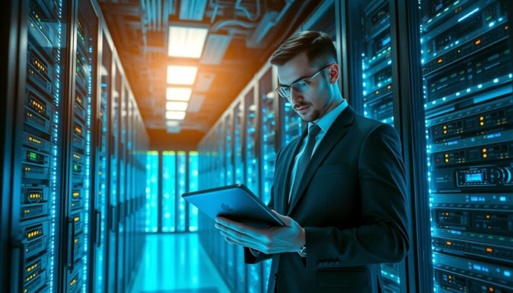 A modern data center showcasing MCP servers with sleek, high-density racks filled with glowing hardware. In the foreground, a technician in smart business attire is focused on monitoring server performance on a digital tablet, illustrating the integration of AI and machine learning. The middle ground features various MCP servers with LED lights blinking in rhythm, surrounded by cascading cables for connectivity. The background captures a vast expanse of similar racks, encapsulated in a cool blue lighting scheme, emphasizing a high-tech environment. Soft ambient light creates a professional atmosphere while adding depth, with a slight lens flare highlighting the shimmer of the servers. This image conveys innovation, collaboration, and advanced technology in cloud computing.