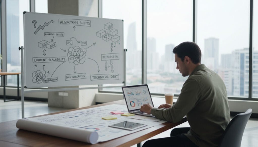 A modern digital workspace depicting common challenges in programmatic SEO. In the foreground, a focused business professional in smart casual attire analyzes complex data charts on a laptop, surrounded by notes and diagrams filled with SEO keywords and metrics. In the middle ground, a whiteboard covered with flowcharts represents various programmatic SEO hurdles, such as algorithm changes and content scalability issues. The background features a sleek, well-lit office environment with large windows, allowing natural light to flood the space, creating a bright and inspiring atmosphere. Soft shadows add depth, while a slight blur suggests a dynamic, fast-paced setting, emphasizing the urgency of addressing these challenges.