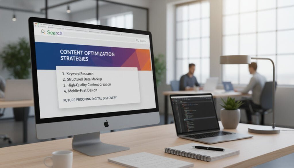 A modern digital workspace featuring a close-up view of a computer screen displaying a search engine results page. In the foreground, prominently showcase a colorful, rectangular featured snippet box, highlighted with subtle shadowing to emphasize its importance. The snippet contains structured information, such as bullet points and concise answers, displaying well-organized data. In the middle ground, include a laptop and a notepad filled with notes, surrounded by a stylish desk setup, adding a professional, productive vibe. The background should have a soft-focus view of a brightly lit office, suggesting a tech-savvy environment. Use soft, natural lighting to create an inviting atmosphere. The mood is innovative and forward-thinking, aligning with the concept of optimizing digital content for the future.