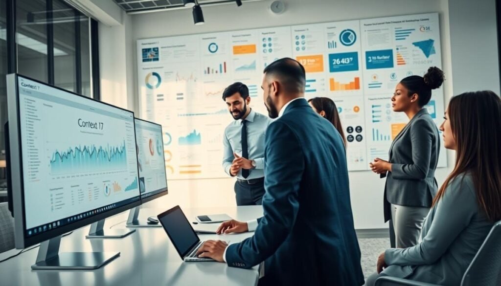 A modern digital workspace featuring the "Context 7 MCP" interface on sleek computer monitors, showcasing a rich data visualization and analytics dashboard. In the foreground, a diverse group of three professionals, dressed in smart business attire, are discussing insights derived from the data, looking engaged and productive. The middle ground includes a large conference table with laptops and digital devices, while in the background, a wall filled with infographics and charts represents the broader Context 7 ecosystem. Soft, natural lighting pours in through large windows, highlighting the collaborative atmosphere. The angle is slightly tilted, offering a dynamic perspective of the room that enhances the feeling of teamwork and technological sophistication. The overall mood is focused and innovative, reflecting a high-tech and professional environment.