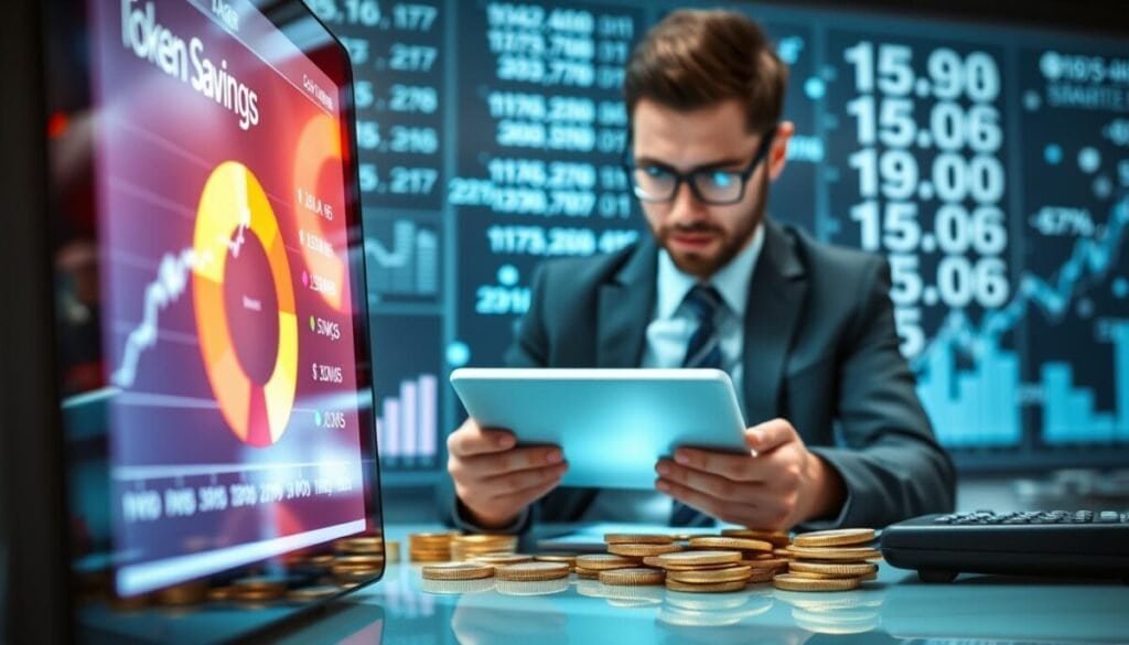 A modern digital workspace focusing on "token savings," with a foreground featuring a glowing LED display showing a pie chart and figures representing savings in various cryptocurrencies. In the middle, a person in professional business attire, analyzing data on a tablet, deep in concentration, surrounded by scattered digital tokens and a calculator. The background is filled with abstract graphs and floating numbers, hinting at a high-tech financial environment, softly blurred to keep attention on the subject. Bright, cool lighting enhances the futuristic atmosphere, highlighting the details of the workspace. Capture the sense of focus and determination in the air as this individual engages with their financial data.