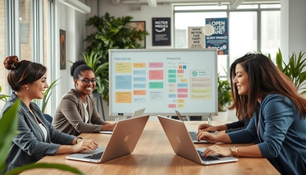 A modern digital workspace scene focusing on a diverse group of open source maintainers collaborating enthusiastically around a large table. The foreground features three individuals—one woman of Asian descent, one man of African descent, and one woman of Hispanic descent—engaged in discussion while reviewing code on laptops. They are dressed in smart business casual attire, fostering a collaborative atmosphere. In the middle, an interactive whiteboard displays colorful flowcharts and project timelines, emphasizing teamwork and innovation. The background showcases a bright, well-lit tech office filled with green plants and motivational posters. Soft, natural lighting comes through large windows, creating an inviting and optimistic mood for creativity and support for open source projects.