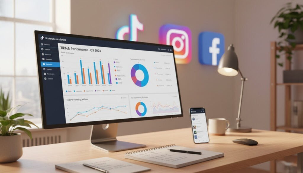 A modern digital workspace showcasing Hootsuite analytics for social media management. In the foreground, a sleek computer monitor displays colorful graphs and metrics related to TikTok performance, with vibrant, eye-catching analytics charts. The middle ground features a stylish desk with a notepad and a smartphone displaying the Hootsuite app interface, symbolizing cross-platform management. In the background, there are blurred elements representing various social media icons like TikTok, Instagram, and Facebook, creating a sense of interconnectedness. Soft, warm lighting enhances the atmosphere, with a focus on productivity and professionalism, evoking a motivational and dynamic workspace ambiance. The setting is minimalistic yet inviting, designed to inspire small business owners. A modern digital workspace showcasing Hootsuite analytics for social media management. In the foreground, a sleek computer monitor displays colorful graphs and metrics related to TikTok performance, with vibrant, eye-catching analytics charts. The middle ground features a stylish desk with a notepad and a smartphone displaying the Hootsuite app interface, symbolizing cross-platform management. In the background, there are blurred elements representing various social media icons like TikTok, Instagram, and Facebook, creating a sense of interconnectedness. Soft, warm lighting enhances the atmosphere, with a focus on productivity and professionalism, evoking a motivational and dynamic workspace ambiance. The setting is minimalistic yet inviting, designed to inspire small business owners.
