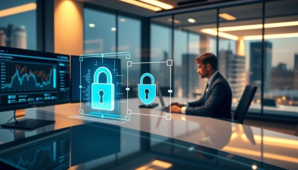 A modern digital workspace showcasing a secure data environment. In the foreground, a professional in business attire is seated at a sleek, high-tech desk, focused on dual computer screens displaying graphs and security metrics. The middle-ground features a holographic representation of a secure lock and shield, symbolizing data integrity and protection. The background includes a futuristic office setting with a glass wall revealing a cityscape skyline, illuminated by warm, ambient lighting. The atmosphere conveys a sense of confidence and professionalism, emphasizing the importance of security in a productive work environment. Soft shadows and highlights create depth, while a slight lens blur enhances focus on the foreground elements, inviting a sense of urgency and diligence in data protection.