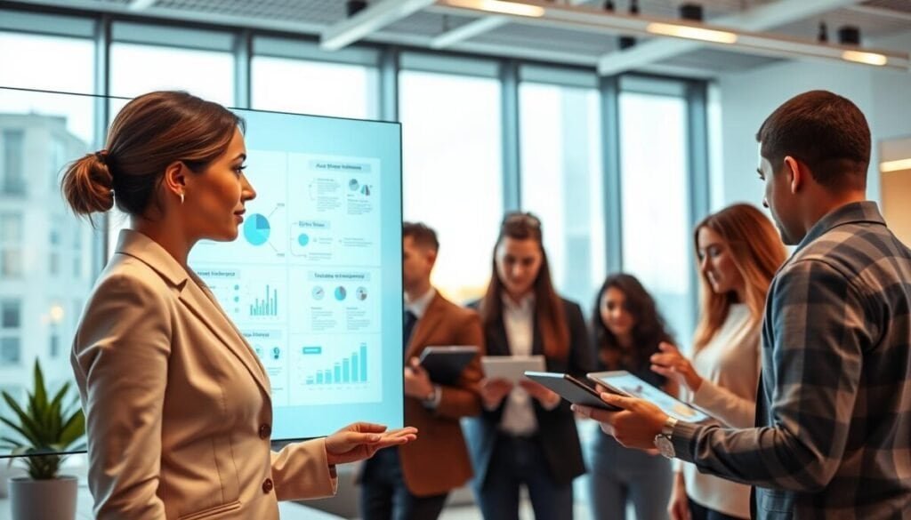 A modern digital workspace showcasing a vibrant collaboration scene among diverse marketing team members. In the foreground, a woman in professional business attire interacts with a touchscreen display filled with automation workflow diagrams. In the middle ground, team members are engaged in brainstorming with charts and analytics on digital tablets, conveying a sense of active collaboration. The background features a sleek, minimalist office with large windows allowing natural light to bathe the space, enhancing productivity. Soft, warm lighting creates an inviting atmosphere, emphasizing teamwork and innovation. The image reflects a sense of growth and efficiency in marketing automation, with an emphasis on technology and creativity. A modern digital workspace showcasing a vibrant collaboration scene among diverse marketing team members. In the foreground, a woman in professional business attire interacts with a touchscreen display filled with automation workflow diagrams. In the middle ground, team members are engaged in brainstorming with charts and analytics on digital tablets, conveying a sense of active collaboration. The background features a sleek, minimalist office with large windows allowing natural light to bathe the space, enhancing productivity. Soft, warm lighting creates an inviting atmosphere, emphasizing teamwork and innovation. The image reflects a sense of growth and efficiency in marketing automation, with an emphasis on technology and creativity.