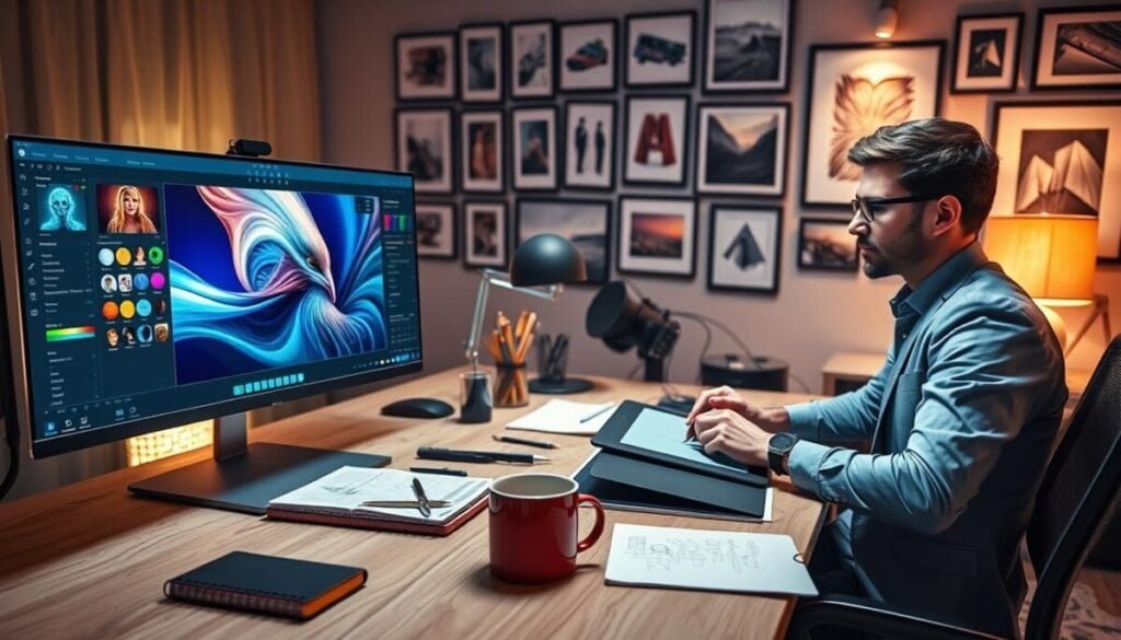 A modern digital workspace showcasing an advanced image generation and editing setup. In the foreground, a sleek computer monitor displays a vibrant, dynamic image editing software interface filled with options for color correction and image manipulation. A professional, focused individual in business casual attire is seated, using a graphic tablet, their expression reflecting concentration. In the middle, an organized desk with art supplies, a notebook filled with design sketches, and a stylish coffee mug, inviting creativity. In the background, soft ambient lighting highlights a wall covered with framed inspirational digital art. The atmosphere is one of innovation and productivity, perfect for discussing advanced tools in photo editing, with a warm, inviting glow creating an engaging workspace.
