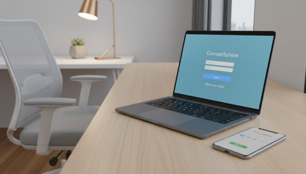 A modern, fresh device setup scene showcasing a laptop and smartphone on a sleek wooden desk, with the two devices displaying login screens for social media accounts. In the foreground, the laptop’s screen glows softly, reflecting a welcoming blue light, while the smartphone lies next to it, both devices arranged symmetrically. In the middle area, a stylish office chair is positioned slightly to the side, hinting at the presence of a user preparing to log in. The background features a clean, minimalistic home office with a potted plant and a warm-toned lamp providing gentle lighting. The mood is calm and inviting, evoking a sense of readiness to tackle technical issues. The angle is slightly above eye-level, capturing the essence of a fresh start.