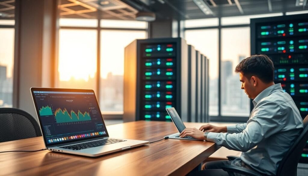 A modern, high-tech server room showcasing the deployment of an MCP server via Docker. In the foreground, a sleek laptop on a wooden desk displays a Docker interface with colorful graphs and metrics. Nearby, a professional in smart casual attire, focused on the screen, is typing commands. The middle ground features several servers neatly stacked, their LED lights glowing in blue and green, indicating active operations. In the background, large windows reveal a city skyline bathed in warm, afternoon light, enhancing the sense of a bustling work environment. The atmosphere is one of concentration and innovation, with a soft focus lens to add depth to the scene, evoking a dynamic yet professional mood suitable for tech deployment.