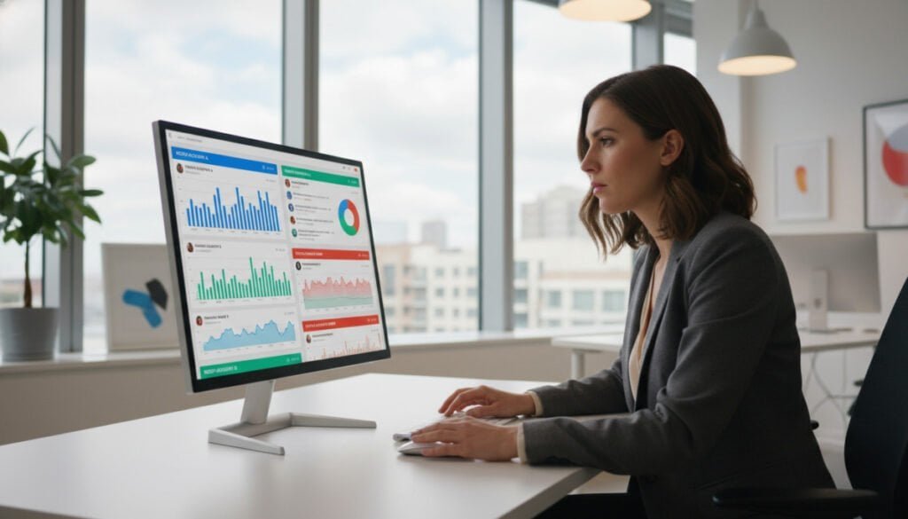 A modern multi-account dashboard displayed on a sleek computer monitor in a well-lit office environment. The foreground features the monitor showcasing vibrant analytics graphs, charts, and social media posts from various Reddit accounts, all organized and color-coded for clarity. Midfield includes a professional individual, dressed in smart business attire, intently analyzing the data on the screen with a thoughtful expression. The background presents a modern office with minimalistic decor, large windows letting in natural light, and soft, ambient lighting creating a focused atmosphere. The angle is slightly elevated to capture the monitor's details and the individual’s engagement. Overall, the image conveys efficiency, organization, and professionalism suitable for agency operations.
