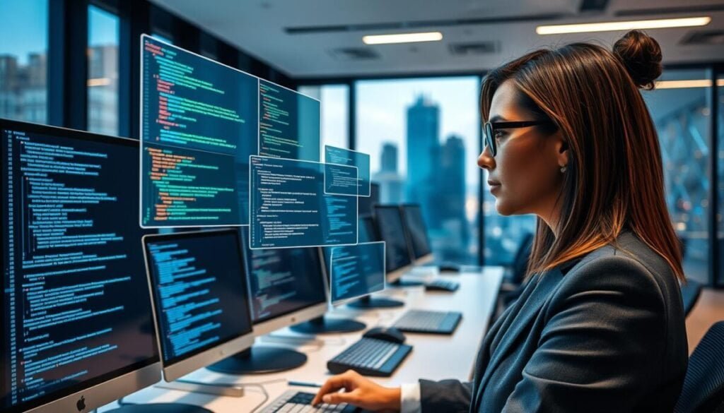 A modern office environment centered around advanced computer systems displaying intricate code and algorithms. In the foreground, a professional individual in business attire (a woman with glasses) intently monitors multiple floating digital context windows showing snippets of code and repository structures. The middle ground features sleek computers with vibrant screens, illuminated by soft ambient lighting, hinting at a high-tech workspace with holographic elements. In the background, large windows reveal a city skyline, suggesting a busy atmosphere. The overall mood is focused and innovative, emphasizing the importance of context window management and repository awareness in coding. The composition uses a wide-angle shot to capture the depth of the workspace, creating a sense of immersion in the tech-driven environment.