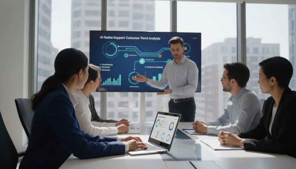 A modern office environment featuring a diverse group of professionals collaborating around a sleek, digital conference table. In the foreground, a focused woman in business attire is engaged with a laptop, displaying vibrant analytics related to Crescendo AI. The middle ground includes a man explaining data trends on a digital whiteboard, with colorful graphs and icons representing AI-native support. The background features large windows with natural light streaming in, creating a bright and inviting atmosphere. The overall mood is dynamic and collaborative, highlighting innovation in customer support software for small businesses. The scene is shot from a slightly elevated angle, emphasizing teamwork and technology in action, with soft shadows for depth. A modern office environment featuring a diverse group of professionals collaborating around a sleek, digital conference table. In the foreground, a focused woman in business attire is engaged with a laptop, displaying vibrant analytics related to Crescendo AI. The middle ground includes a man explaining data trends on a digital whiteboard, with colorful graphs and icons representing AI-native support. The background features large windows with natural light streaming in, creating a bright and inviting atmosphere. The overall mood is dynamic and collaborative, highlighting innovation in customer support software for small businesses. The scene is shot from a slightly elevated angle, emphasizing teamwork and technology in action, with soft shadows for depth.