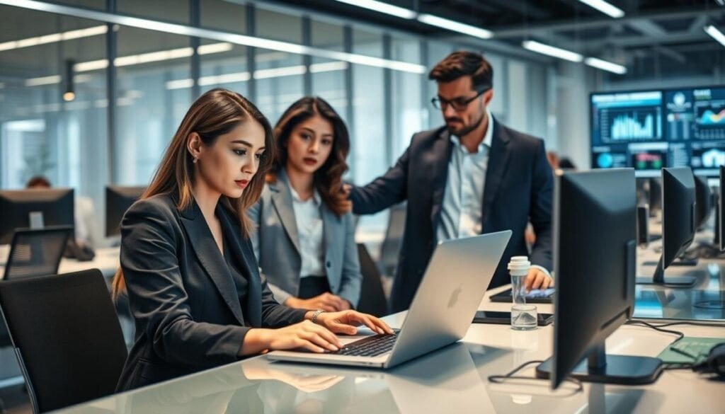 A modern office environment featuring a diverse group of professionals collaboratively verifying their AI setup and model connectivity. In the foreground, a focused woman in smart business attire examines a laptop screen displaying complex network diagrams and model connections. In the middle ground, a man in business casual stands beside her, pointing at a digital display showcasing data analytics. To the background, sleek workstations with computer monitors and connection cables create a high-tech atmosphere, illuminated by soft, diffused lighting. The mood is one of concentration and teamwork, highlighting innovation and productivity in a digital age, with reflections of light from glass surfaces enhancing the contemporary feel.