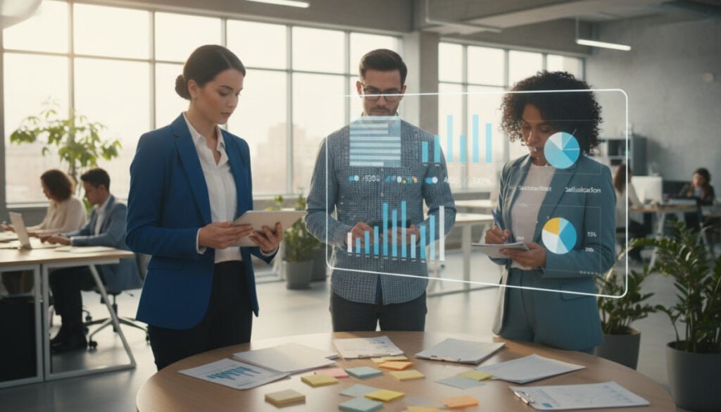 A modern office environment featuring a diverse group of professionals engaged in a feedback session. In the foreground, a woman in business attire is examining colorful charts and graphs on a tablet, surrounded by sticky notes and feedback forms on a stylish table. In the middle, a man with glasses is thoughtfully reviewing customer survey results projected on a screen, while another colleague jots down notes. The background displays a bright and spacious office with large windows, soft natural light streaming in, creating a warm atmosphere. The image conveys collaboration and professionalism, focusing on streamlining support interactions through customer feedback technologies. The lens captures the scene from a slightly elevated angle, emphasizing the dynamics of the team.