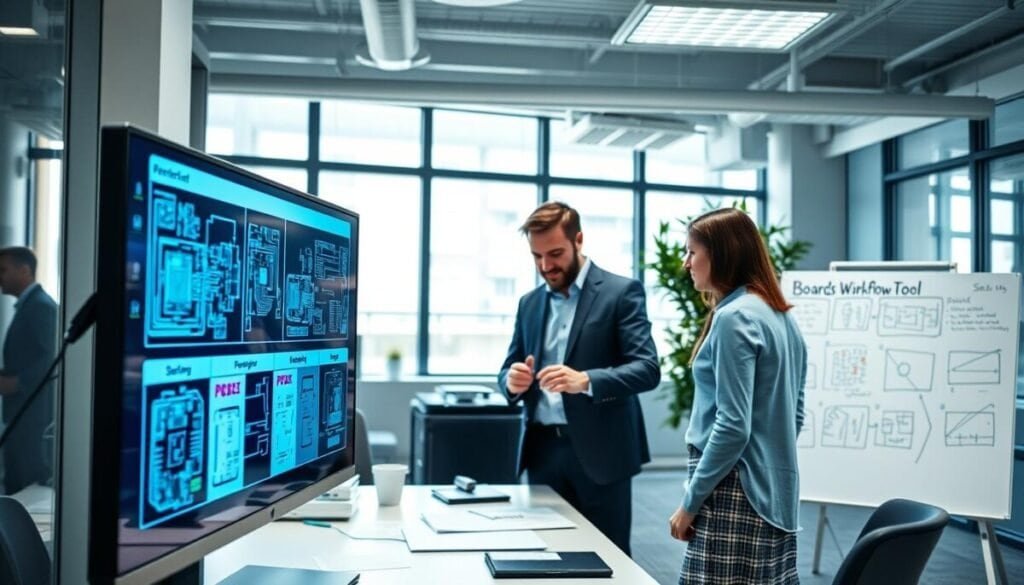 A modern office environment featuring a sleek, digital board workflow tool interface displayed prominently in the foreground, showcasing various PCB design stages. The screen is filled with detailed graphics of circuit boards, schematic designs, and component layouts, emphasizing clarity and precision. In the middle ground, a professional wearing business attire is engaged in a focused discussion with a colleague over a project board covered in notes and diagrams. The background features a bright, well-lit workspace with large windows providing natural light, reflecting a focused and innovative atmosphere. The overall mood is collaborative and dynamic, emphasizing the integration of modern technology in PCB design workflows.
