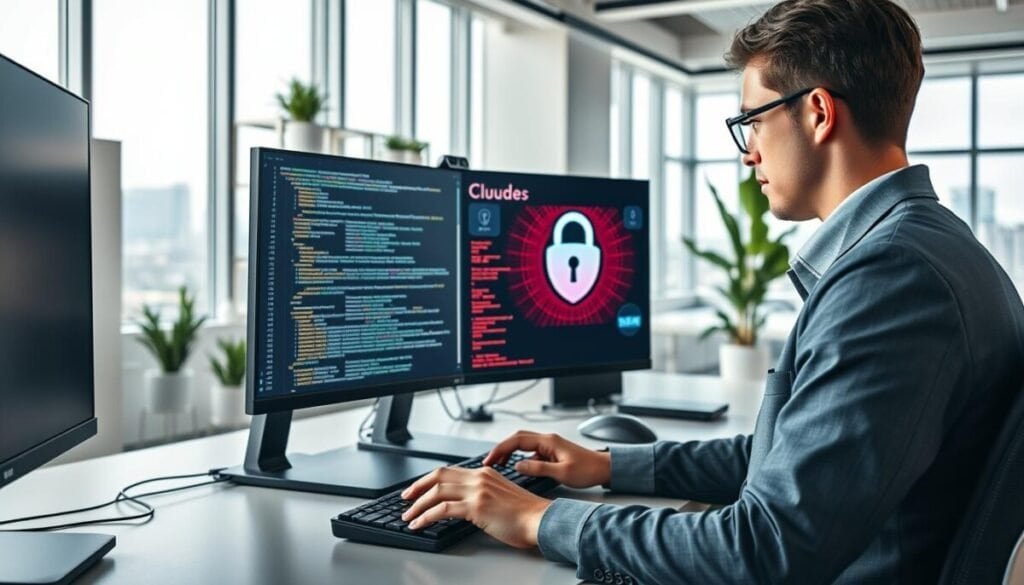 A modern office environment featuring a sleek workspace with multiple computer monitors displaying code snippets and security protocols. In the foreground, a focused programmer in smart business attire is typing on a keyboard, capturing a moment of authentication in a Claude code session. The middle ground includes a large monitor showcasing a vibrant and dynamic user interface, emphasizing the security aspect with graphical elements like locks and shields. Bright, natural lighting floods the room through large windows, enhancing the tech-savvy atmosphere. In the background, minimalist shelves and potted plants add a touch of calm amidst the high-tech environment, while a soft-focus hint of city skyline is visible outside. The mood is one of intense concentration and professional diligence, highlighting the efficiency and security of modern coding practices.